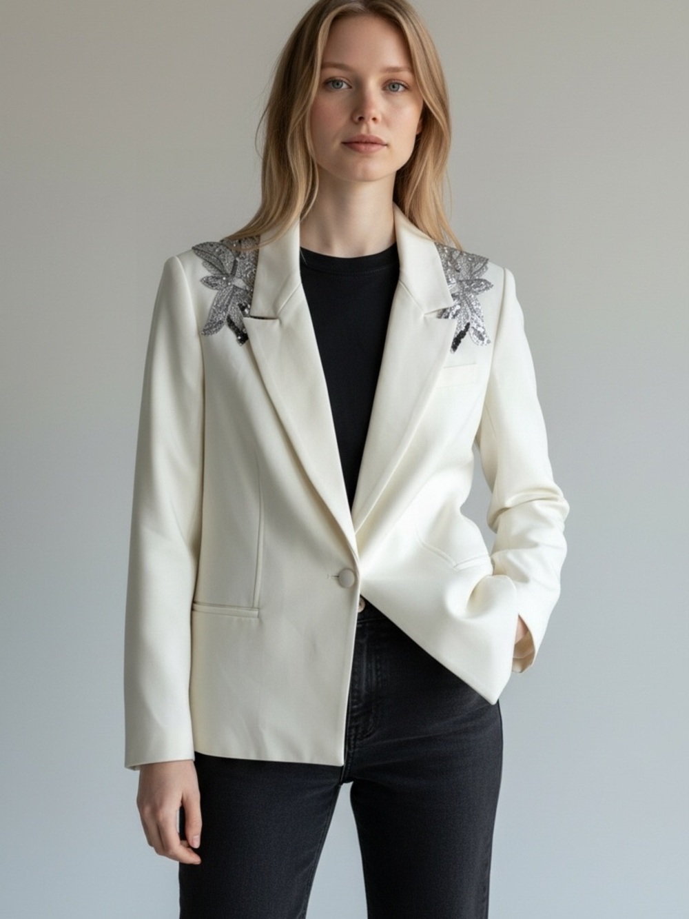 LINI Cream Blazer with Silver Sequin Shoulder Accents